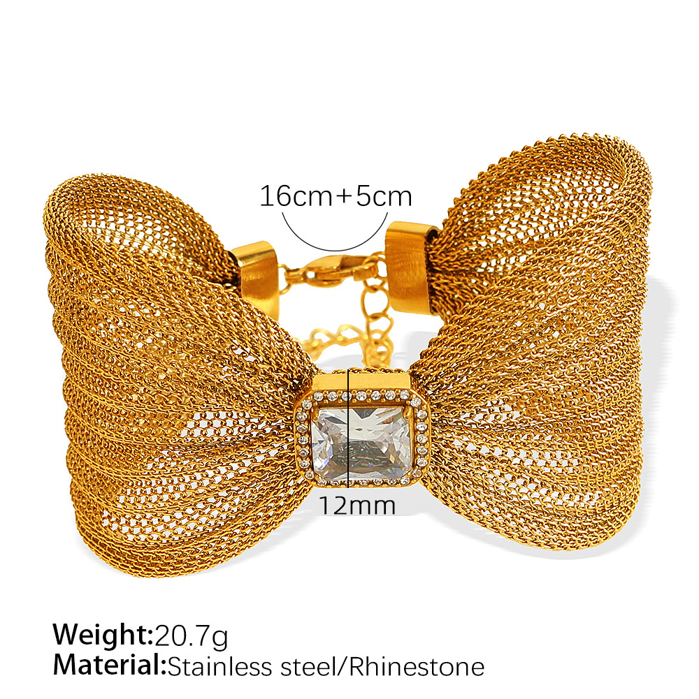 1 Piece Classic Series Retro Bow Knot Stainless Steel  Gold Color Zircon Women's Bangles 